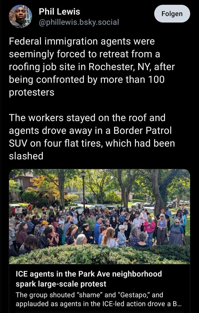 Protesters confront federal agents at roofing site in Rochester, showing chaotic good in people standing up uniquely.