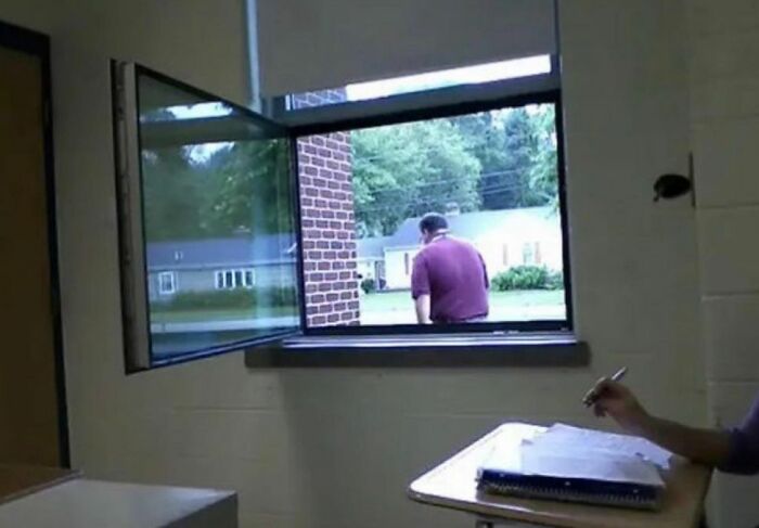 Teacher leaves classroom through window after students fail to answer questions, showing struggles of students and young adults.