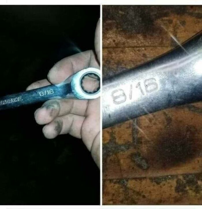 Close-up of mechanic’s hand holding a dirty wrench marked 8/16, showing an absurd tool seen by car mechanics on the job.