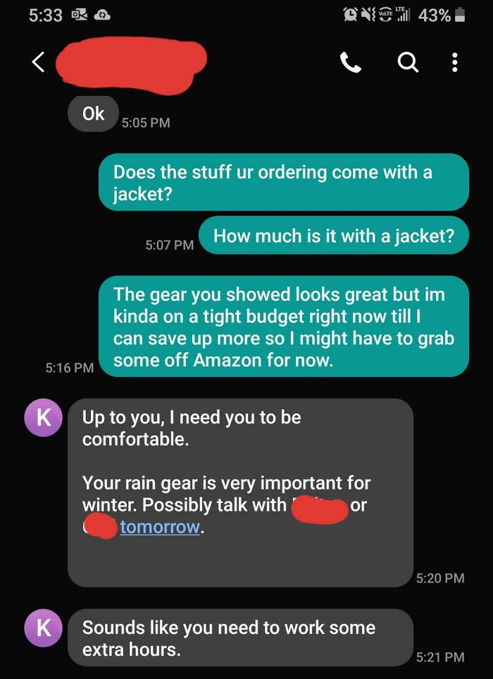Text message exchange showing a boss telling employee to work extra hours instead of helping with rain gear budget concerns.