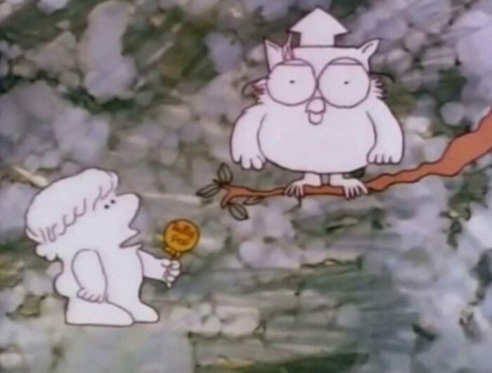 Classic cartoon scene showing a small character with a lollipop talking to an owl on a tree branch, nostalgic pic.