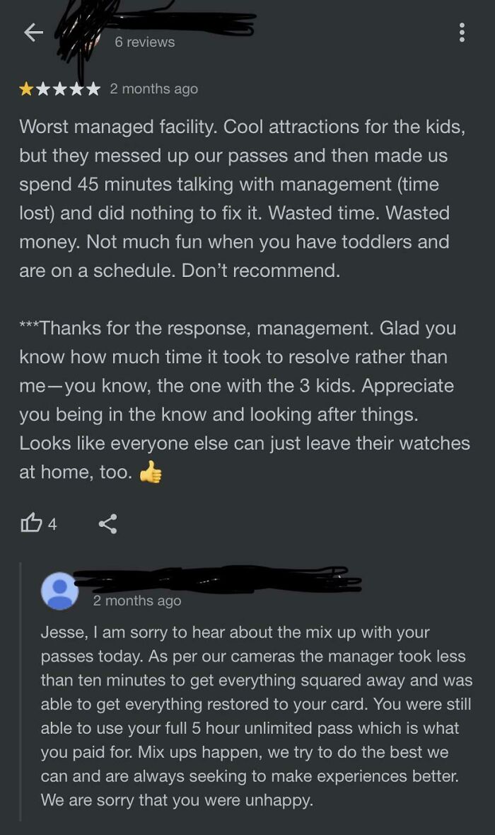 One-star review with a brutal business comeback addressing customer complaints about passes and management response