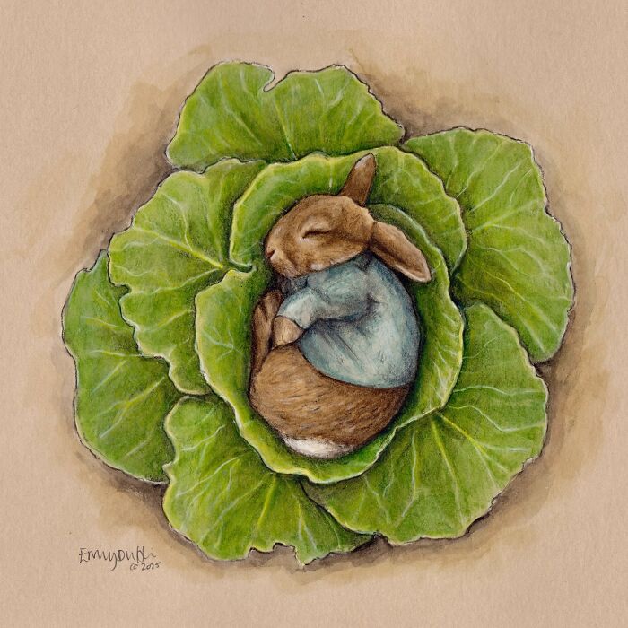 Wholesome animal illustration of a rabbit curled up sleeping inside green cabbage leaves, capturing countryside life charm.