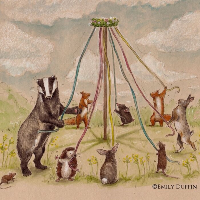 Wholesome animal illustrations of countryside life featuring woodland creatures dancing around a maypole with colorful ribbons.