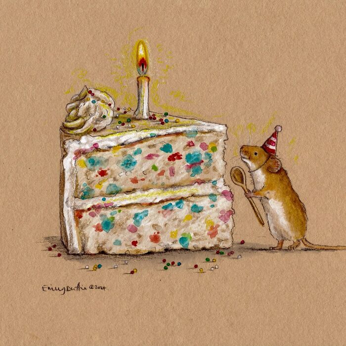Wholesome animal illustration of a mouse with a party hat holding a spoon next to a large slice of confetti cake.