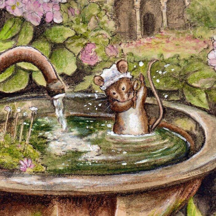 Wholesome animal illustration of a mouse bathing in a stone basin surrounded by countryside flowers and greenery.