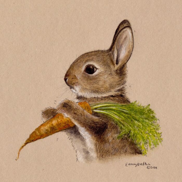 Illustration of a rabbit holding a carrot, showcasing wholesome animal illustrations capturing countryside life charm.