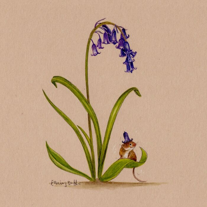 Illustration of a mouse wearing a bluebell flower hat beside a bluebell flower in wholesome animal illustrations.