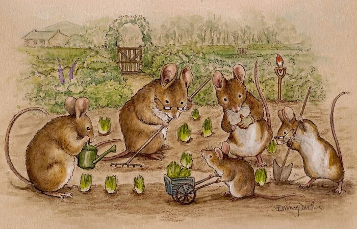 Wholesome animal illustrations of mice gardening in a countryside setting, capturing the charm of rural life.