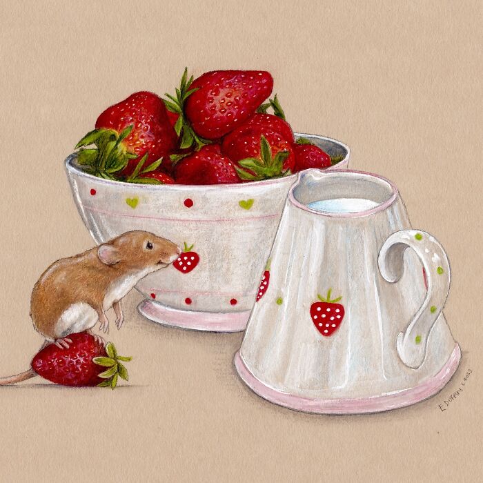 Wholesome animal illustration of a mouse with strawberries and a milk jug, capturing countryside life charm.