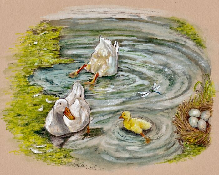 Wholesome animal illustrations of ducks and duckling swimming in a countryside pond near a nest of eggs.