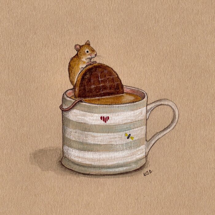 Wholesome animal illustration of a mouse on a teacup capturing the magic of countryside life in warm tones.