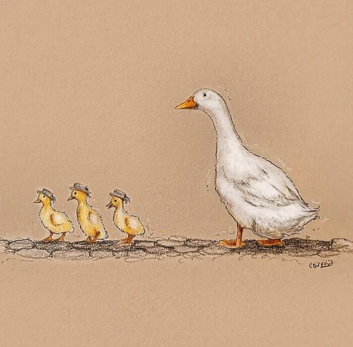 Wholesome animal illustration of a mother duck walking with three ducklings wearing small hats on a rustic countryside path.