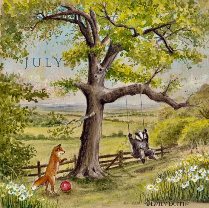 Wholesome animal illustrations of a fox and badger playing on a swing under a tree in countryside life setting.