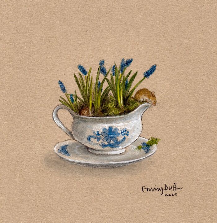Wholesome animal illustration of a mouse with blue flowers growing inside a vintage teacup, capturing countryside life magic.