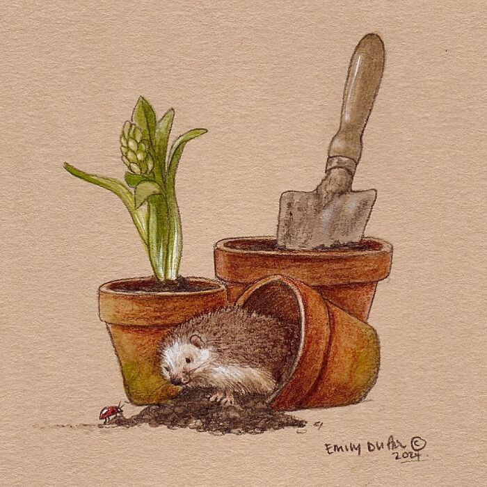 Wholesome animal illustration of a hedgehog with flower pots and gardening trowel, capturing countryside life charm.