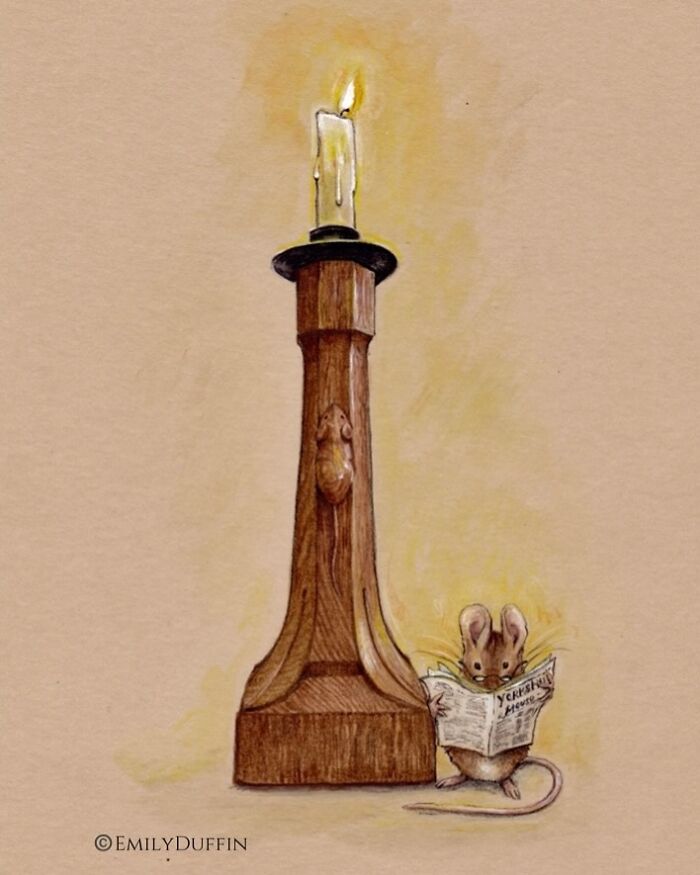 Wholesome animal illustration of a mouse reading by candlelight, capturing the magic of countryside life.