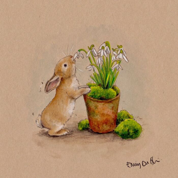 Wholesome animal illustration of a rabbit sniffing flowers in a pot, capturing the magic of countryside life.