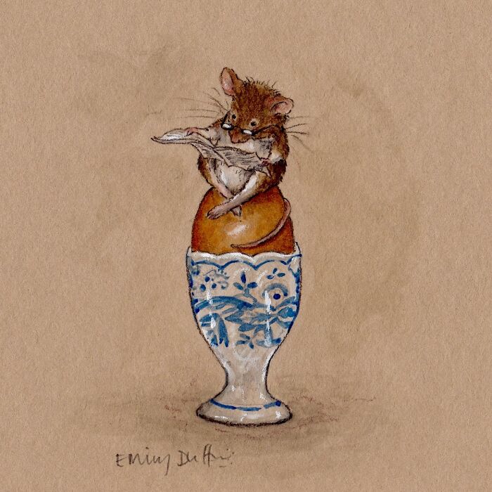 Wholesome animal illustration of a mouse reading a newspaper while sitting in a decorated egg cup capturing countryside life.
