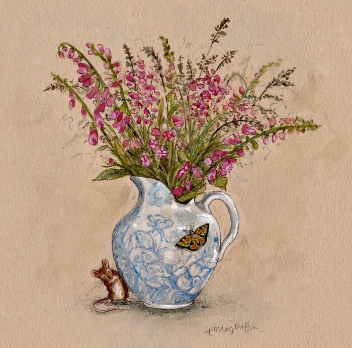 Watercolor animal illustration of a mouse and butterfly by Emily Duffin, capturing the charm of countryside life.