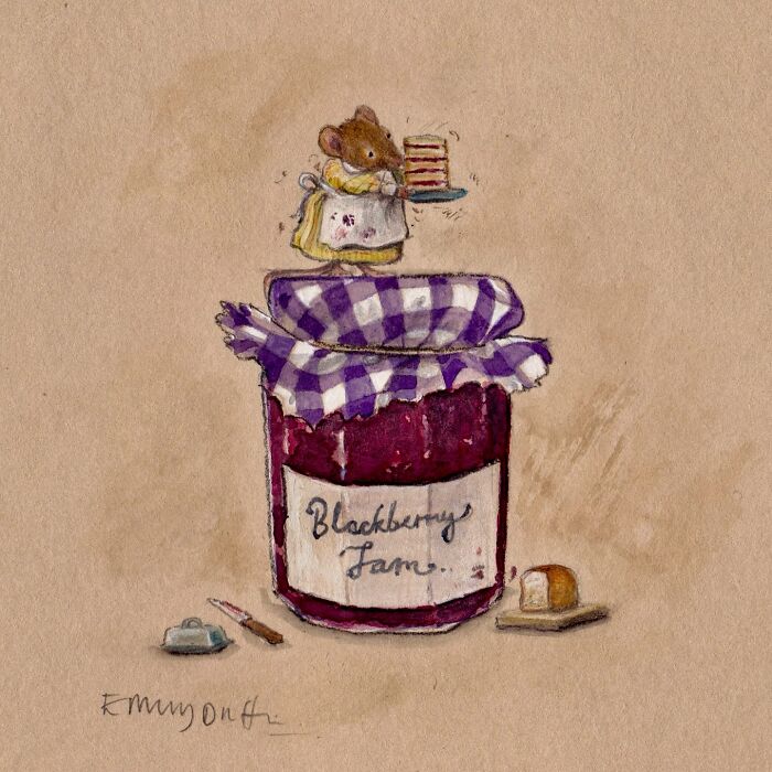 Wholesome animal illustration of a mouse serving cake on a jar of blackberry jam in countryside style.