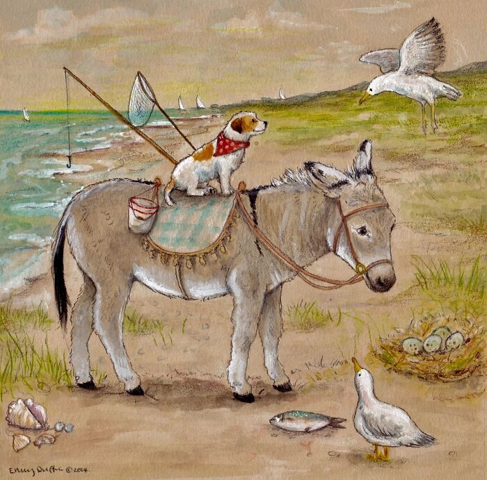 Wholesome animal illustrations of a dog on a donkey by the sea with birds and countryside elements.