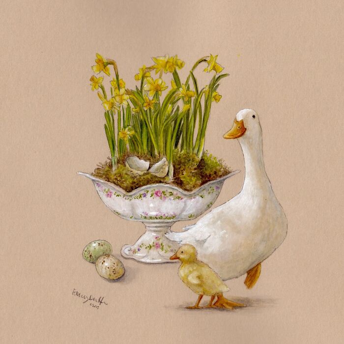 Wholesome animal illustration of a duck and duckling near flowers and eggs, capturing the magic of countryside life.