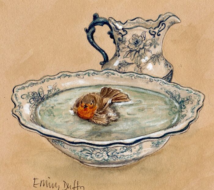 Watercolor animal illustration of a robin bathing in a decorative vintage bowl, capturing countryside life charm and detail.
