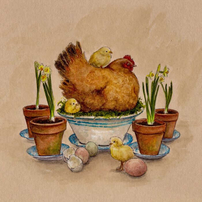 Illustration of a hen with chicks surrounded by potted flowers and eggs, capturing wholesome countryside life charm.