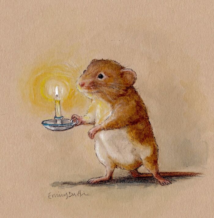 Wholesome animal illustration of a mouse holding a lit candle, capturing the magic of countryside life in soft colors.
