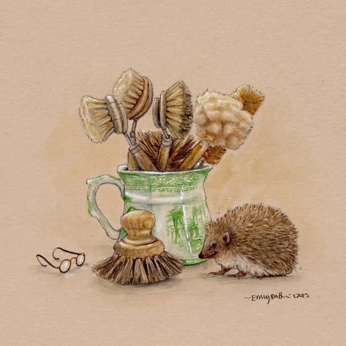 Wholesome animal illustration of a hedgehog beside a green cup holding brushes, capturing countryside life charm.
