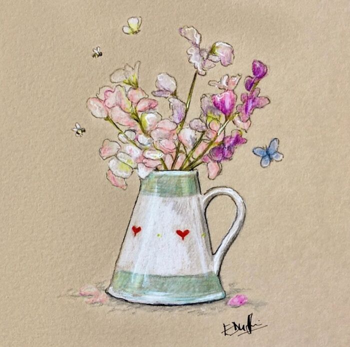 Wholesome animal illustration of butterflies and bees around a floral pitcher, capturing the magic of countryside life.