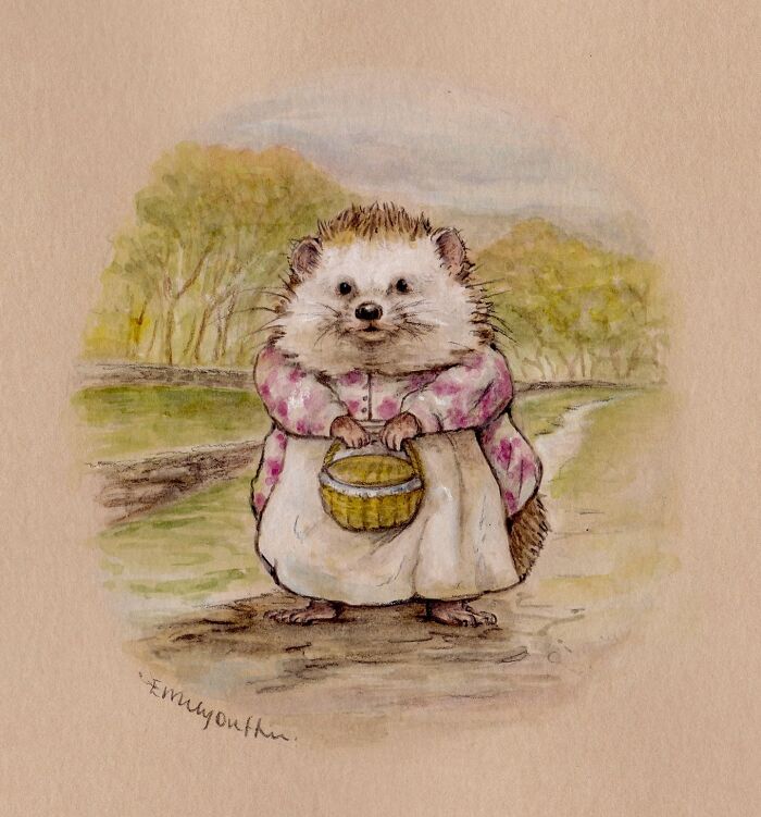 Wholesome animal illustration of a hedgehog in countryside life wearing a dress and holding a basket on a path.
