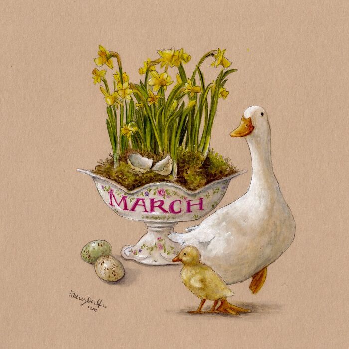 Wholesome animal illustration of a white duck and duckling beside daffodils in a March planter capturing countryside life.