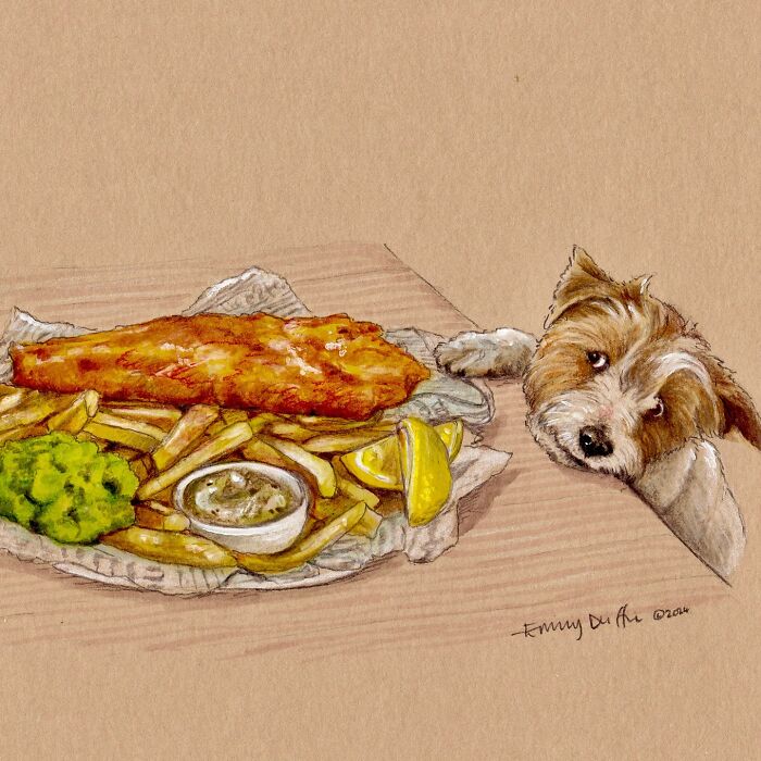 Wholesome animal illustration of a dog curiously looking at a plate of fish and chips, capturing countryside life charm.
