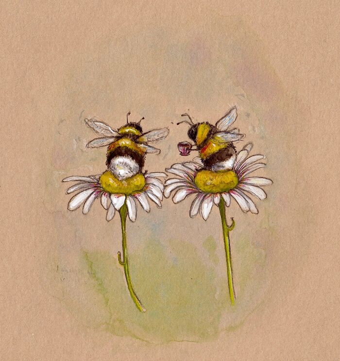 Wholesome animal illustrations of two bees sitting on white daisies, capturing the magic of countryside life.
