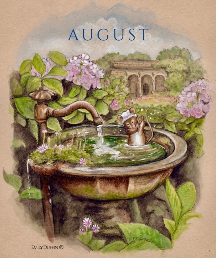 Wholesome animal illustration of a joyful mouse bathing in a rustic outdoor water basin surrounded by greenery and flowers.