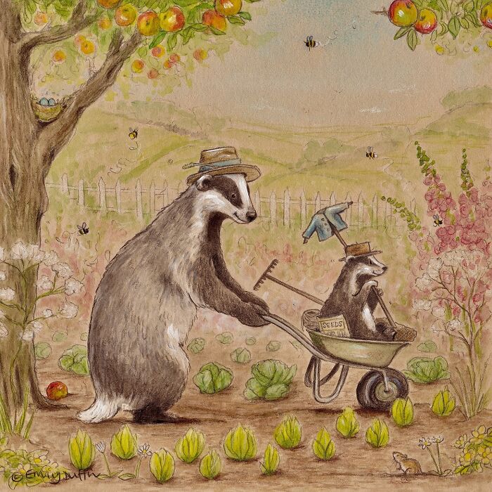 Wholesome animal illustration of badgers in a countryside garden with vegetables and blooming flowers.