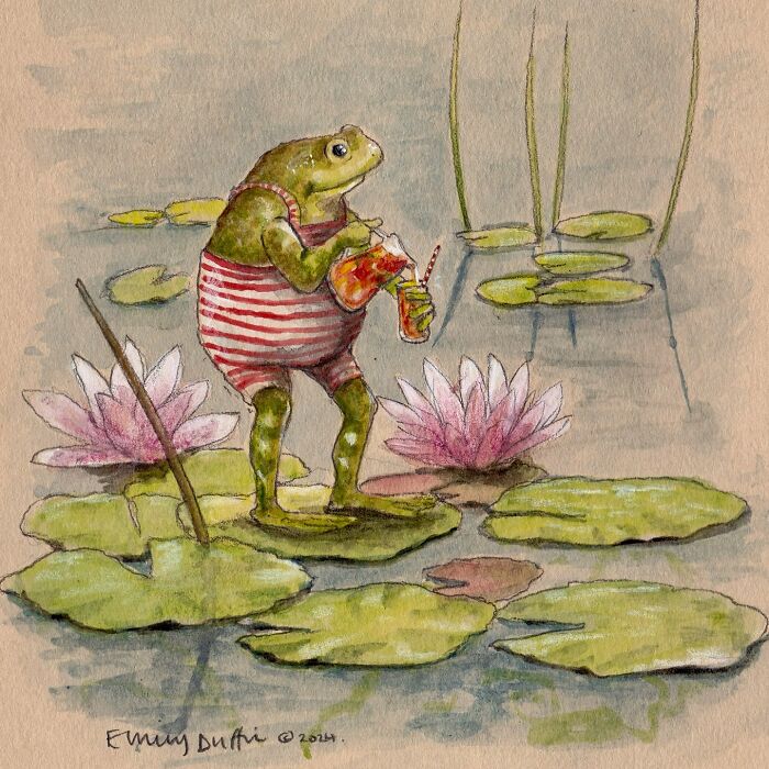 Wholesome animal illustration of a frog in a striped swimsuit pouring a drink on lily pads in countryside life setting.