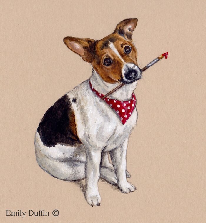 Illustration of a dog wearing a red polka dot bandana holding a paintbrush, capturing wholesome animal countryside life.