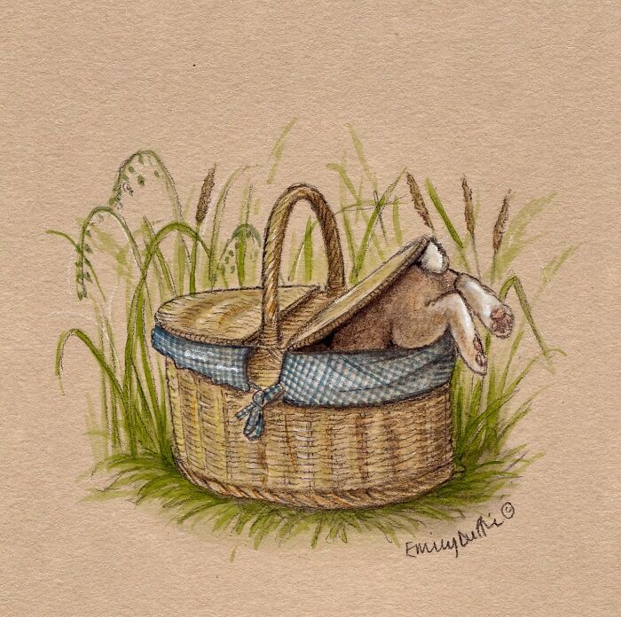 Wicker basket with a rabbit inside, surrounded by grass, in a wholesome animal illustration capturing countryside life.