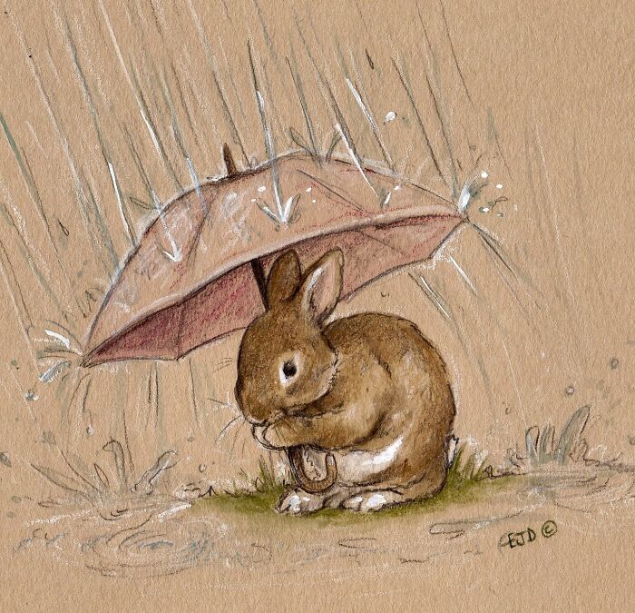 Watercolor animal illustration of a brown rabbit holding an umbrella in the rain, capturing countryside life charm.