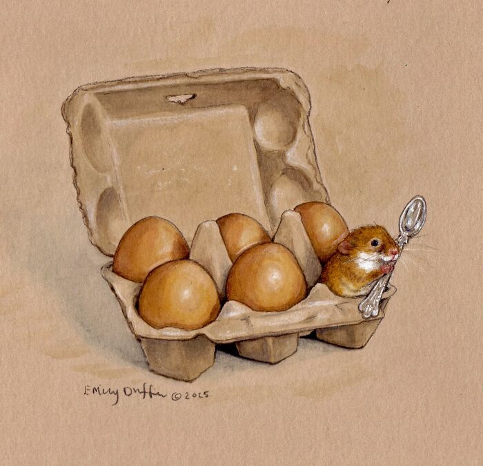 Wholesome animal illustration of a mouse holding a spoon inside an egg carton, capturing countryside life charm.