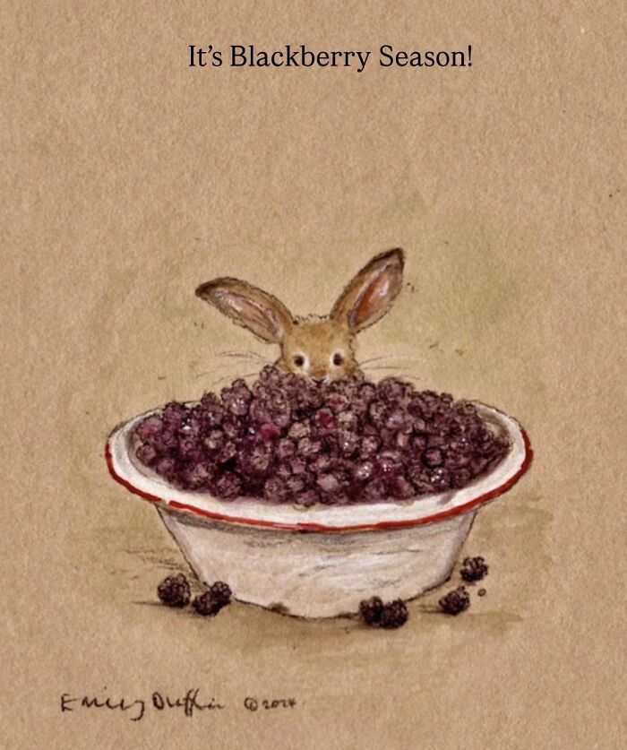 Wholesome animal illustration of a rabbit peeking over a bowl full of blackberries, capturing countryside life charm.