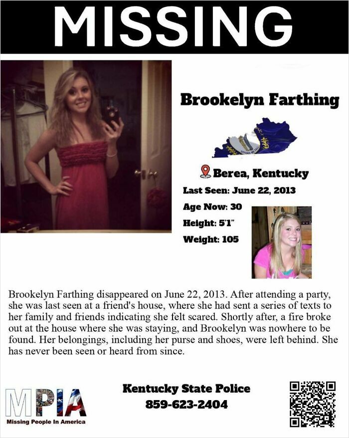 Missing person flyer of Brookelyn Farthing from Kentucky, last seen in 2013 with chilling messages before going missing.