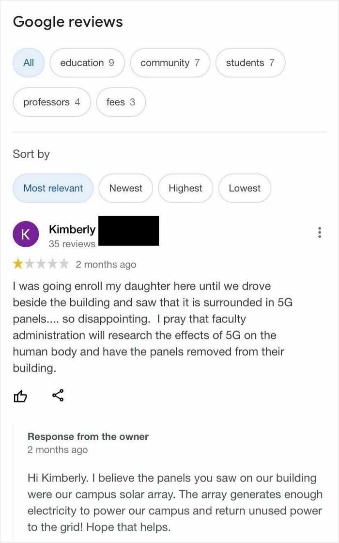 Google review showing a brutal business comeback explaining solar panels, highlighting savage responses in customer reviews.