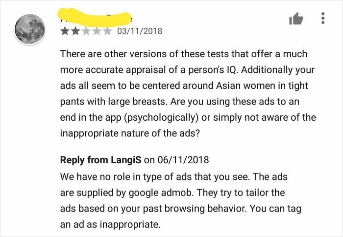Screenshot of a brutal business comeback to a controversial customer review about targeted ads and app content.
