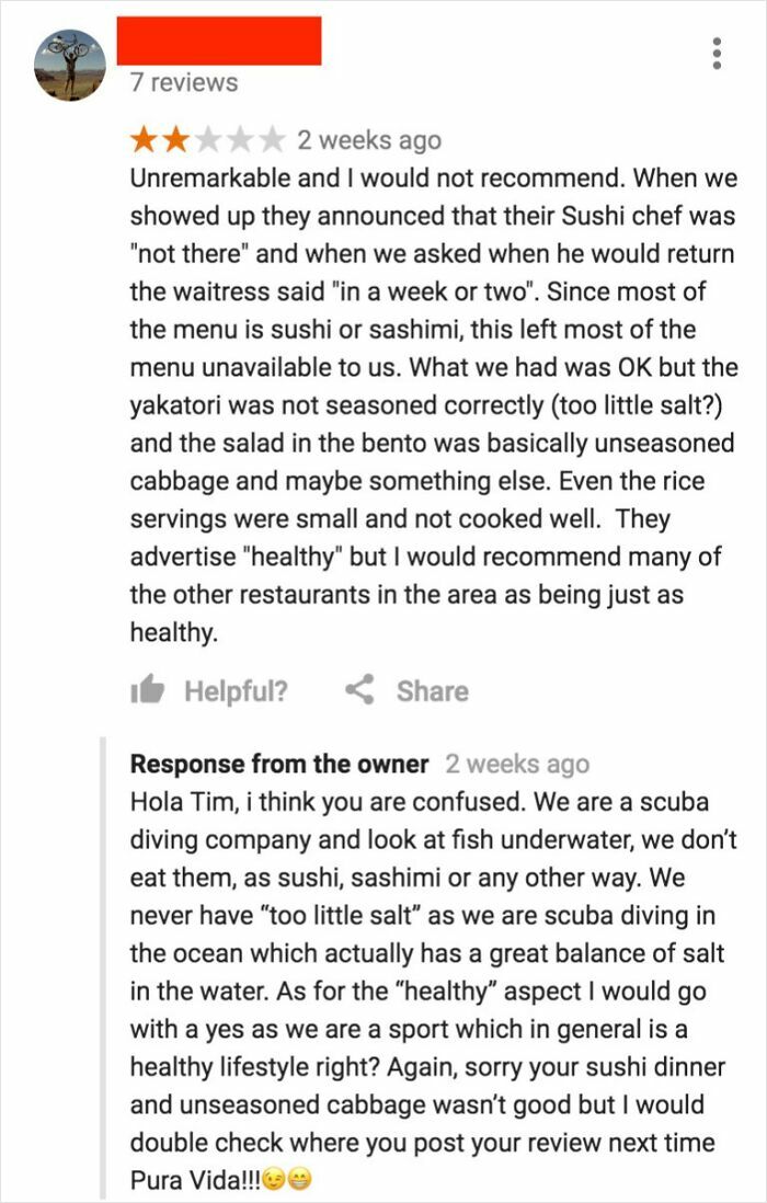 Customer review and brutal business comeback exchange highlighting a scuba diving company's witty response.