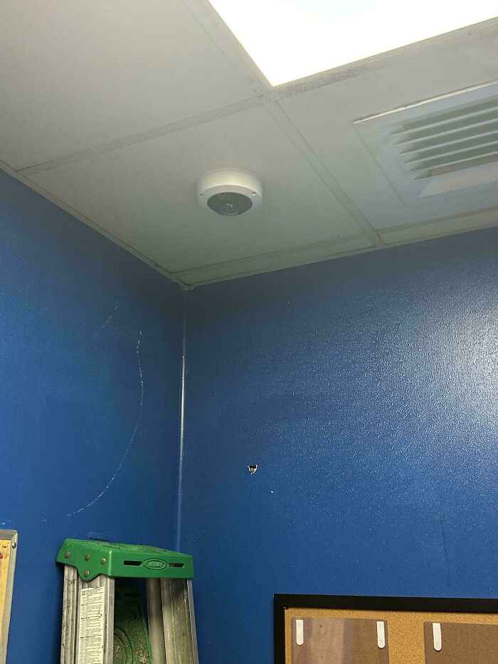 Security camera installed in a blue-walled room with a green ladder, illustrating why people hate their boss surveillance.