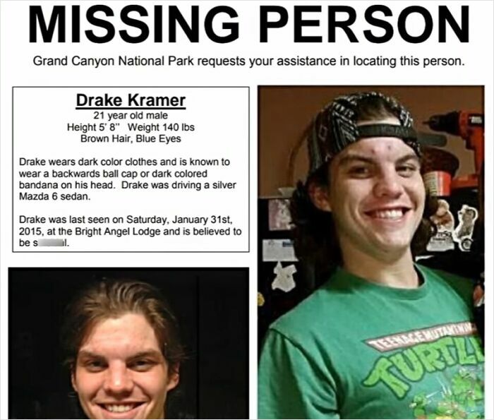 Missing person flyer showing photos and details of a young male last seen at Grand Canyon National Park.